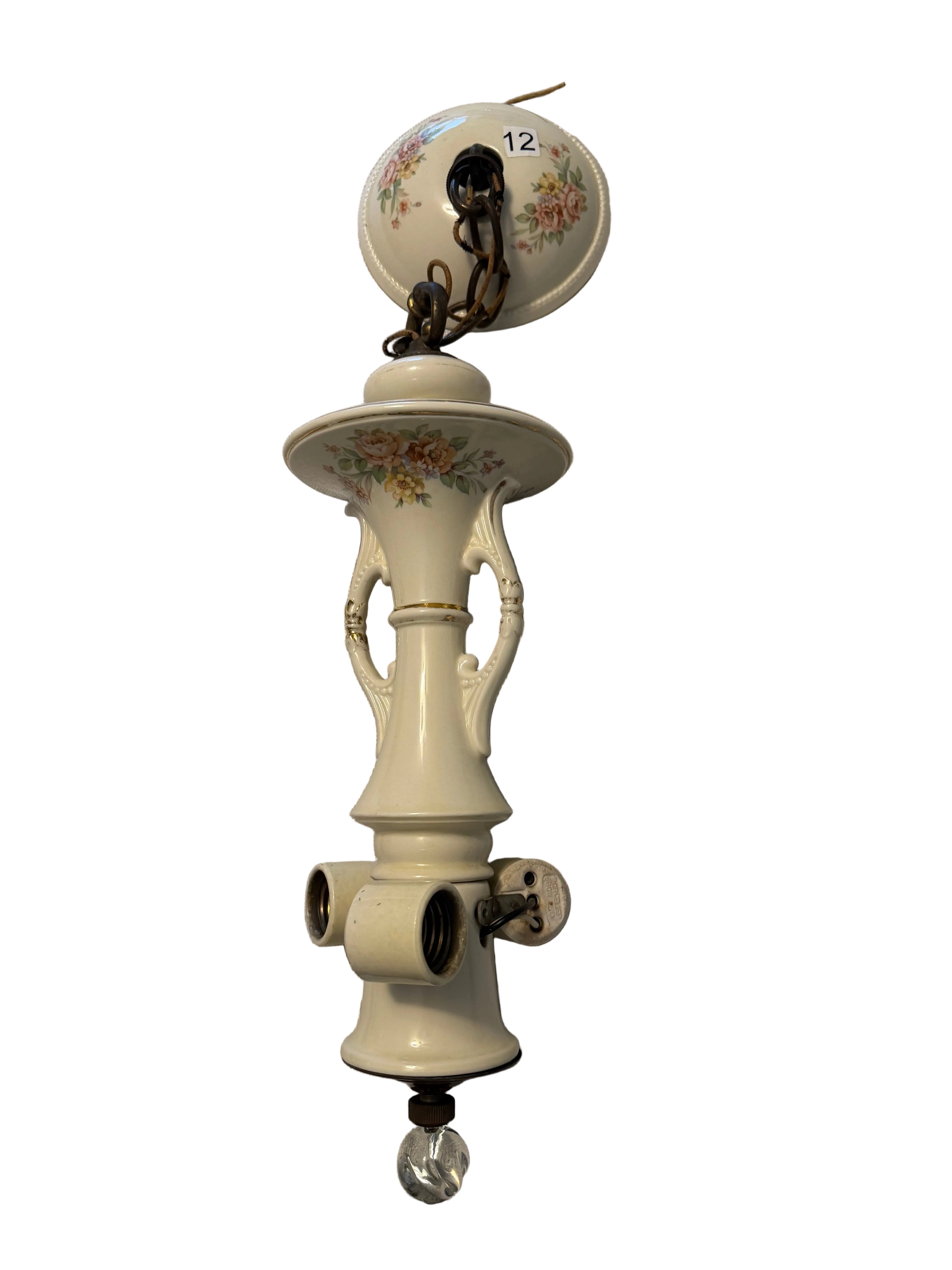 Antique Porcelier Hand Painted Porcelain and Brass Chandelier, Floral and Gold Design