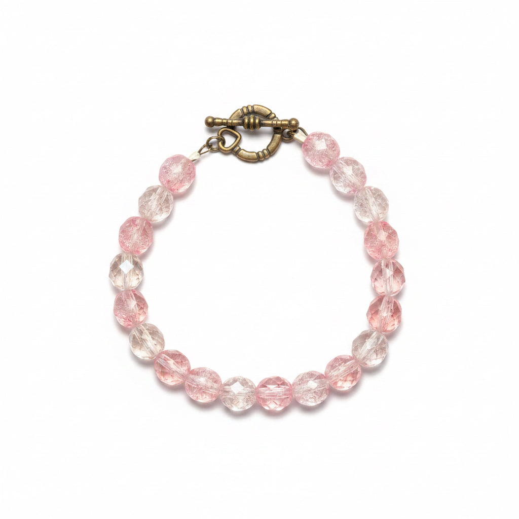Vintage Pink and Clear Crackle Czech Glass Style Bead Bracelet w Heart Toggle Closure