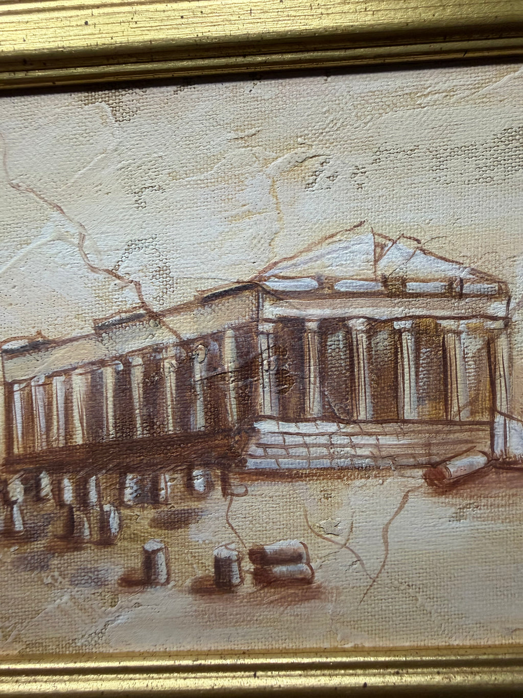 Vintage Alexioy Signed Framed Oil Painting on Canvas,  Michaelangelo 'Creation of Adam' and Parthenon