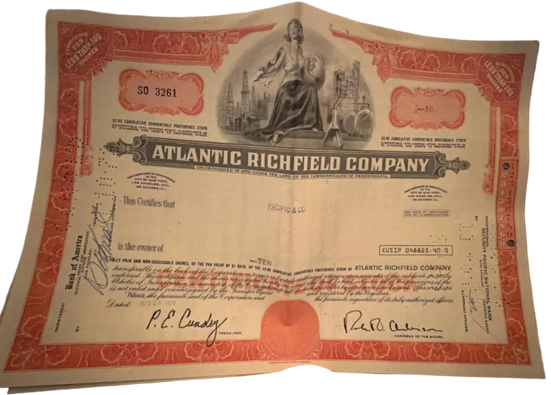 Atlantic Richfield Company Stock Certificate, Dated August 10, 1972