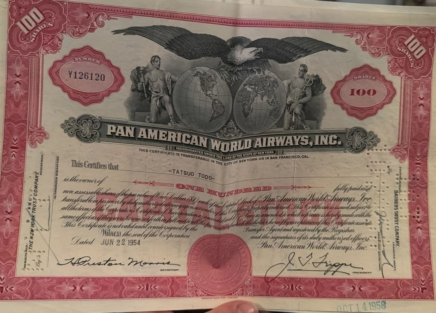 Pan American World Airways, Inc. Stock Certificate, 100 Shares, Dated June 22, 1954