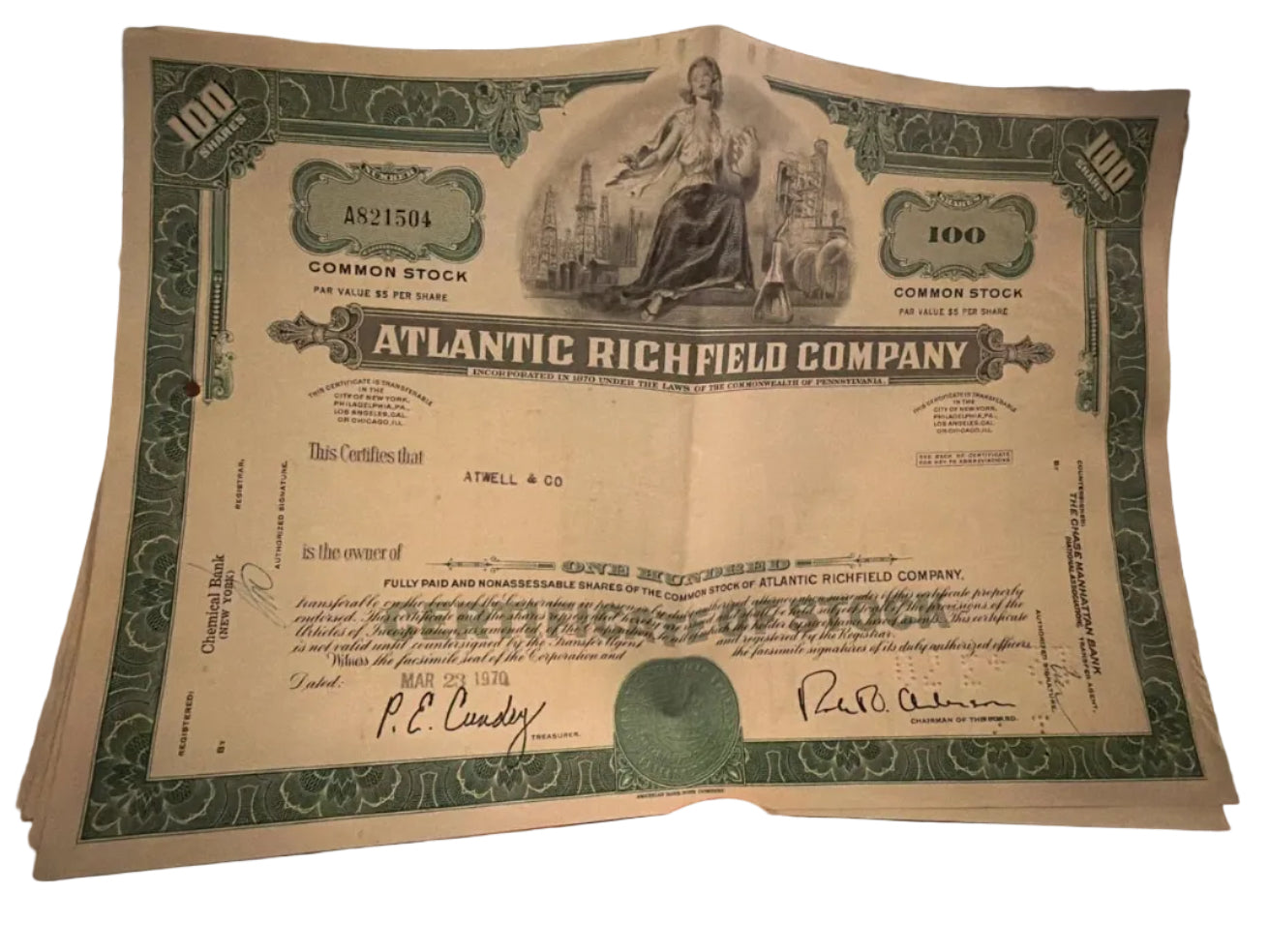 Atlantic Richfield Company Stock Certificate - March 23, 1970