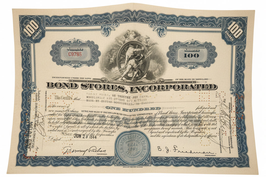 Bond Stores Incorporated Stock Certificate, 1944