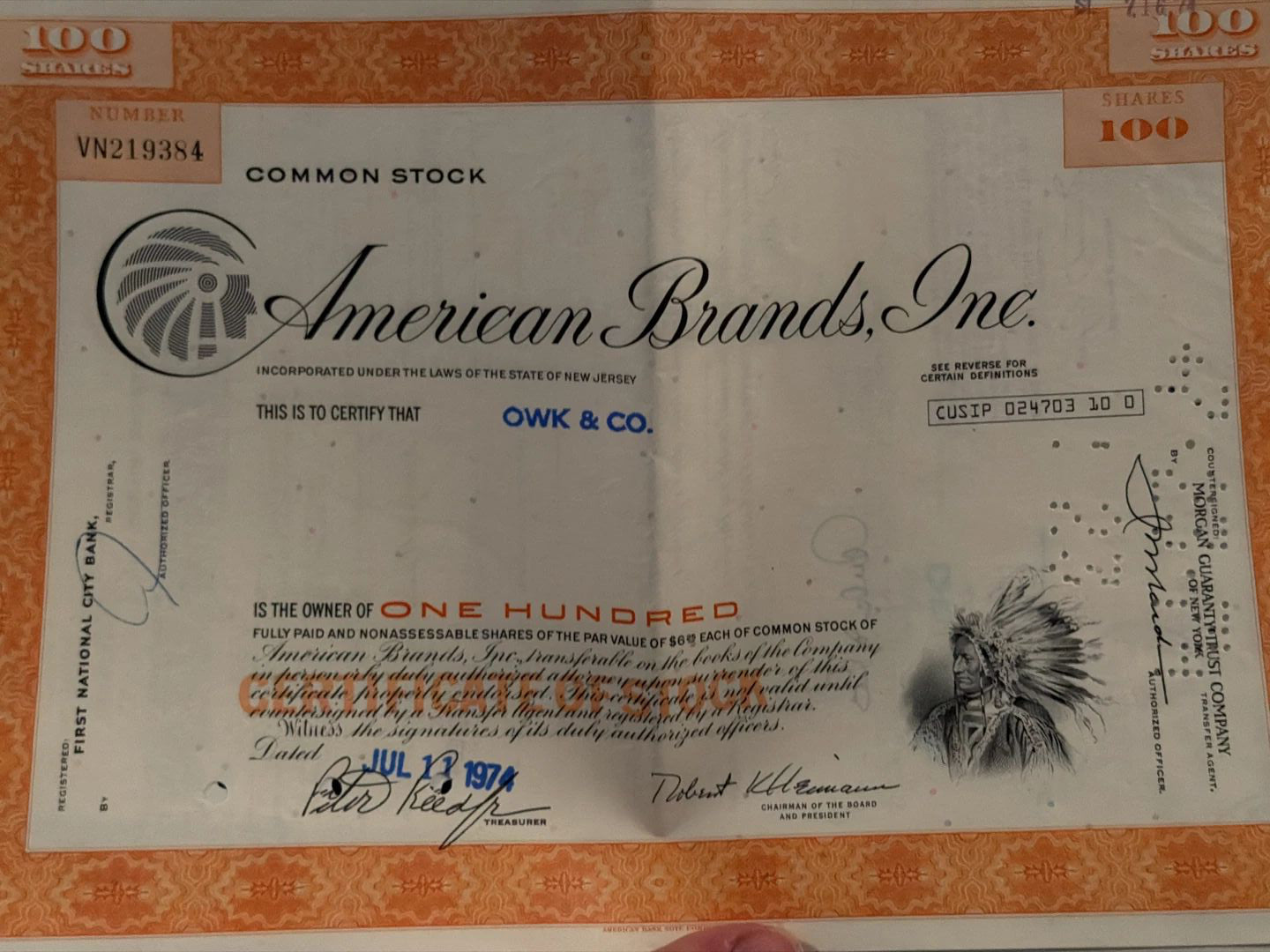 American Brands Inc. Stock Certificate, 100 Shares, 1974