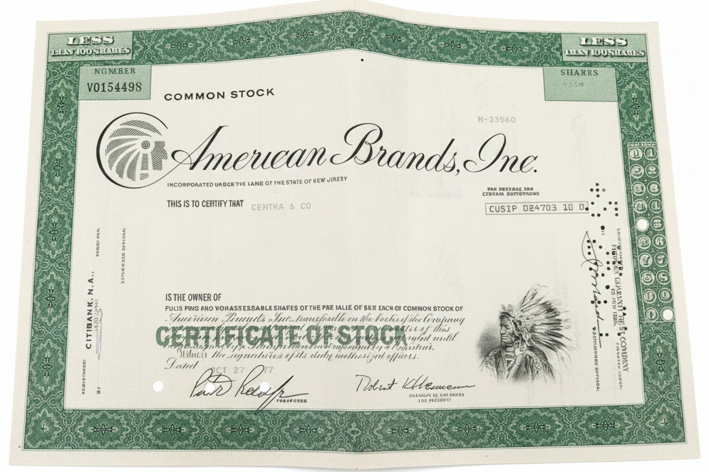American Brands Inc. Stock Certificate, 50 Shares, Citibank N.A., Dated Oct 27, 1977