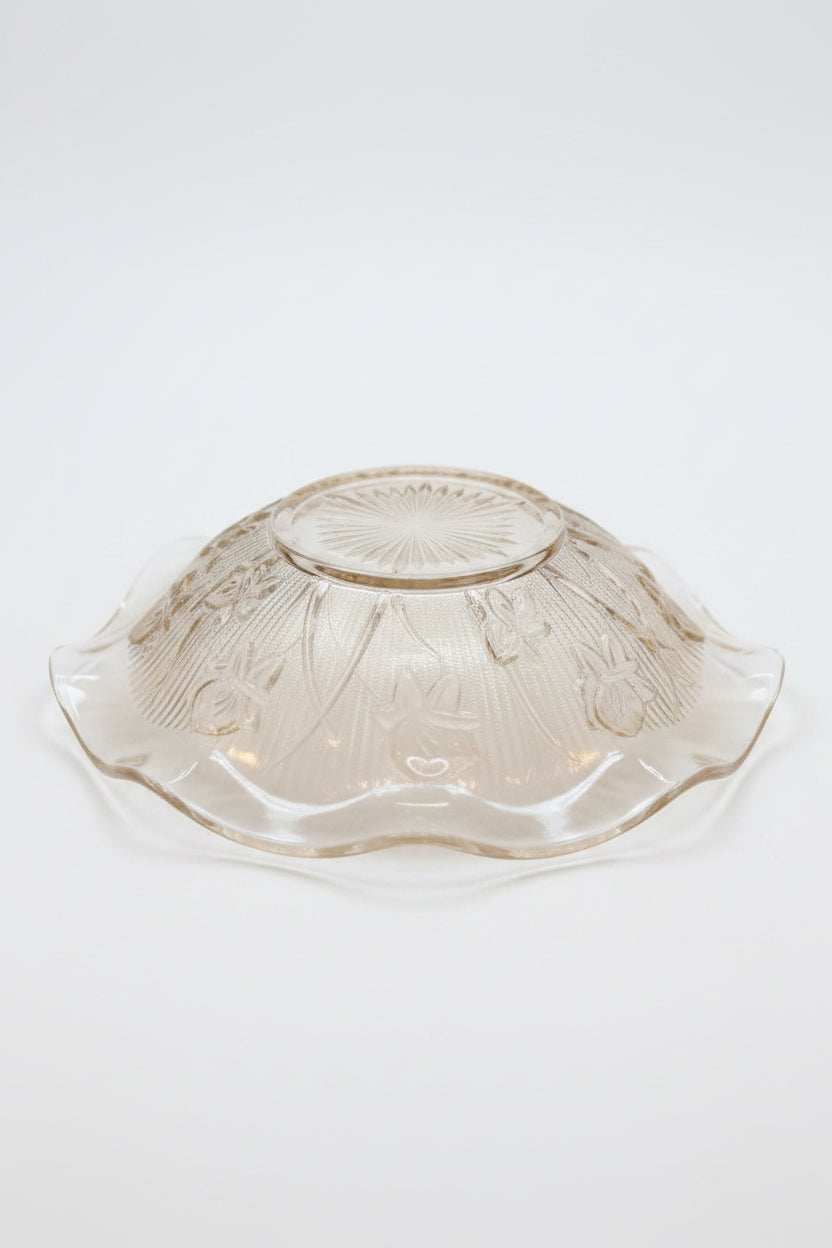 Vintage Jeannette Glass Selenium Iris and Herringbone Ruffled Edge Bowl