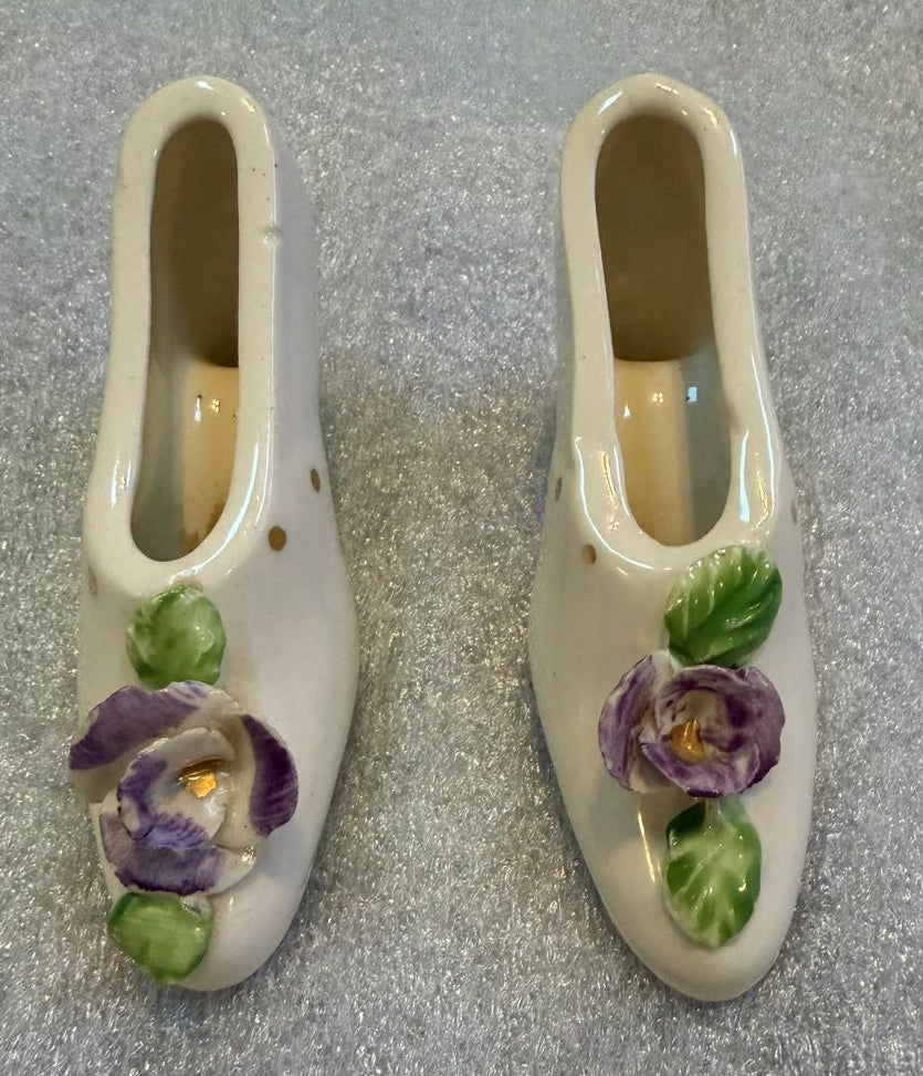 Vintage Porcelain Miniature Shoe Figurines with Purple Flowers