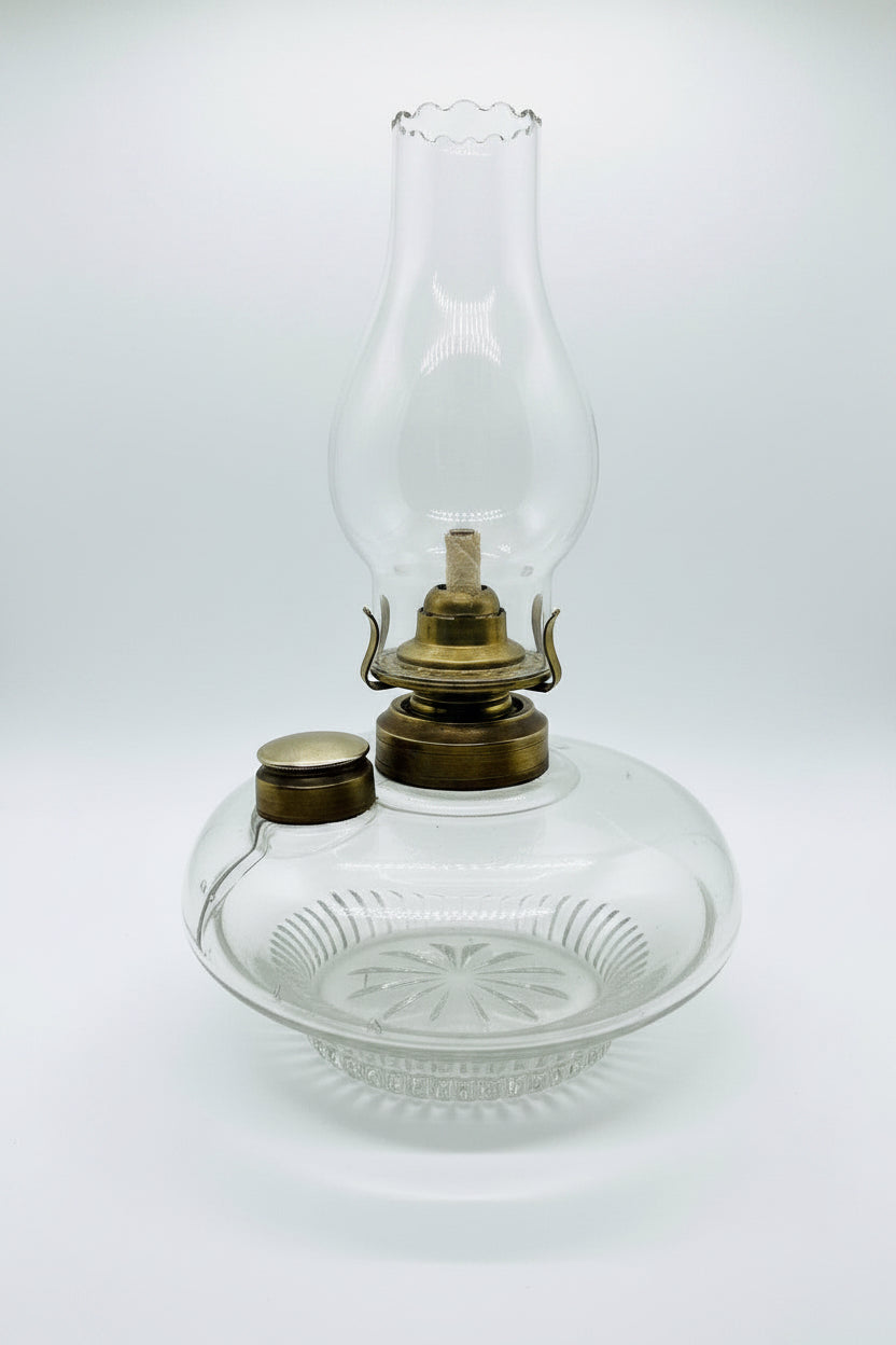 Antique Manganese Glass Oil Lamp Font with Brass Collar