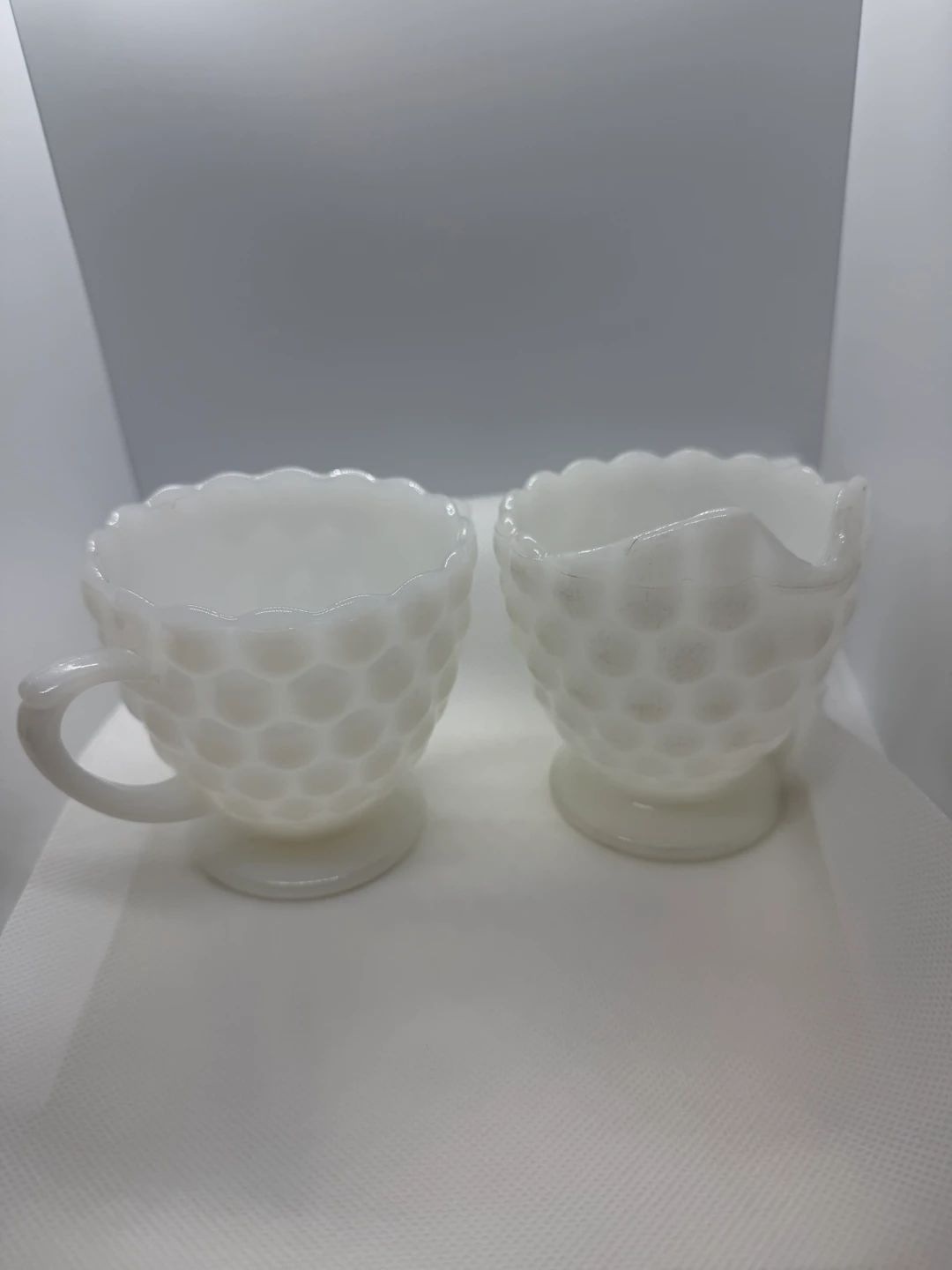 Vintage Anchor Hocking Hobnail Milk Glass Creamer and Sugar Bowl Set