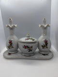 Vintage Hand Painted Porcelain Vanity Set, Moss Rose and Gold Trim, Japan