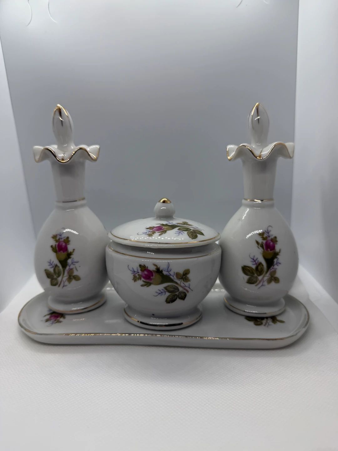 Vintage Hand Painted Porcelain Vanity Set, Moss Rose and Gold Trim, Japan