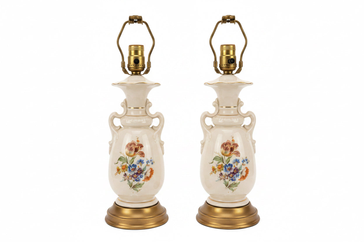 Vintage Hand Painted Porcelain Floral Victorian Style Urn Lamp