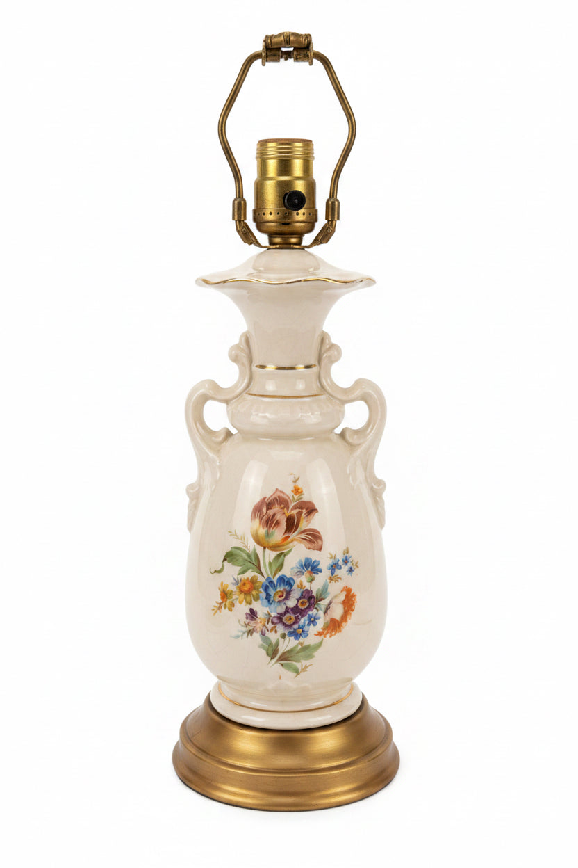 Vintage Hand Painted Porcelain Floral Victorian Style Urn Lamp