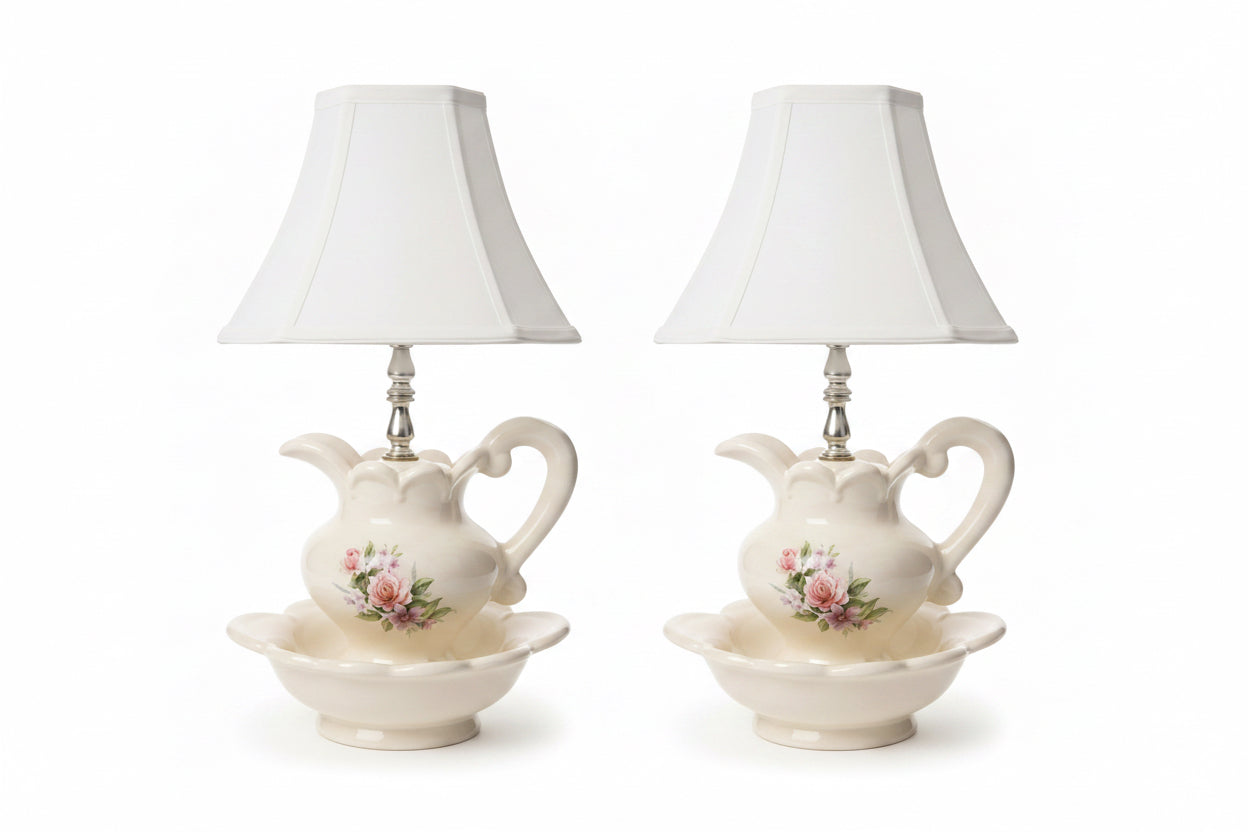Vintage Floral Ceramic Pitcher and Basin Lamp