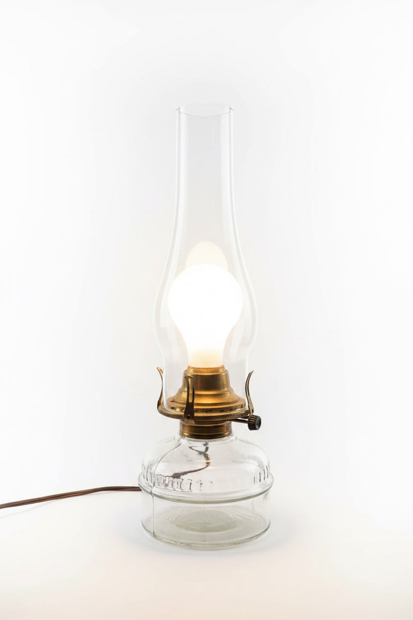 Antique Clear Glass Converted Electric Oil Lamp with Chimney