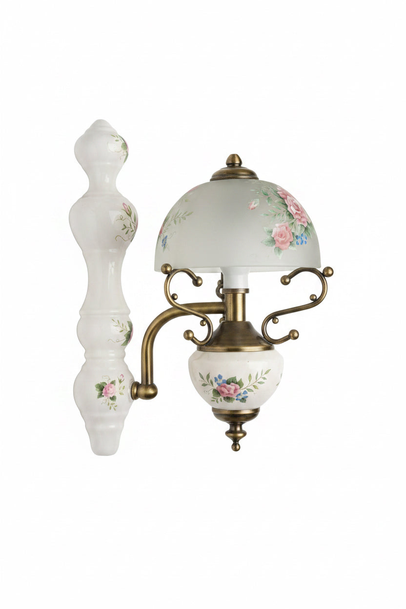 Vintage Valence Rose Porcelain and Brass Victorian Hurricane Style Wall Sconce, Hand Painted, Frosted Glass