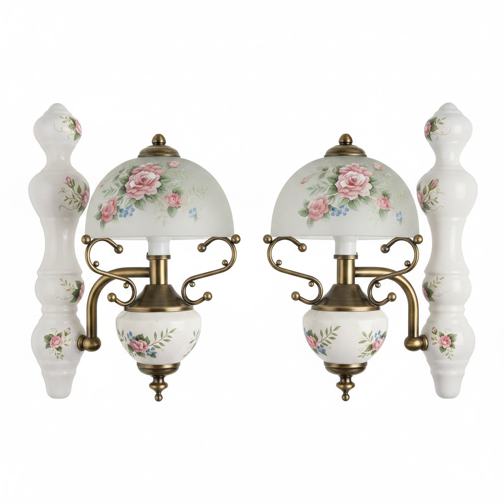Vintage Valence Rose Porcelain and Brass Victorian Hurricane Style Wall Sconce, Hand Painted, Frosted Glass