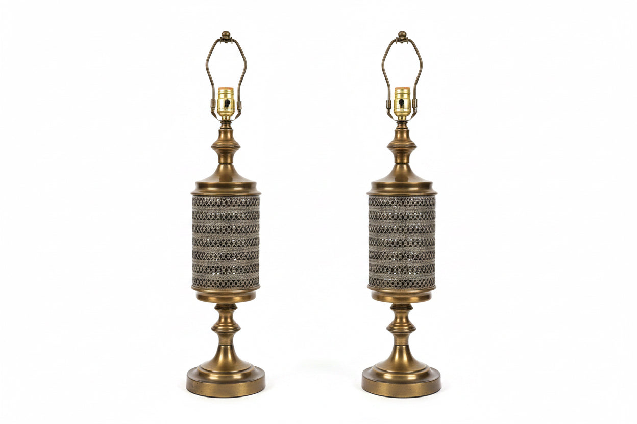 Antique Miller Lamp Co Brass Filigree Table Lamp, Pair