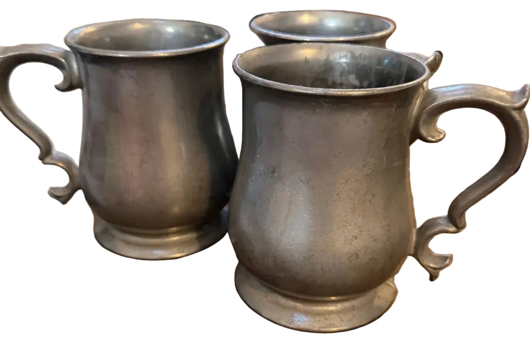 Vintage Pewter Steins with Queen Anne Handle, Pair of 2