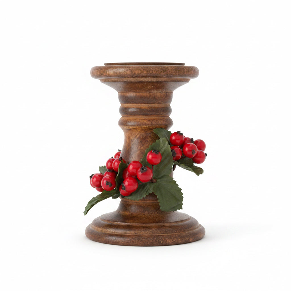 Vintage Wooden Candle Holder with Berry Ring
