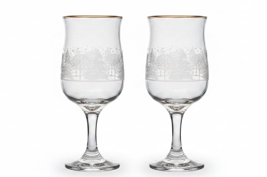 Vintage Libbey Glass, for Arby’s, 1980 Collectable “Winter Wonderland/ Pines” Etched Glass and 22k Gold-gilded Rim Wine Glasses, Pair of 2