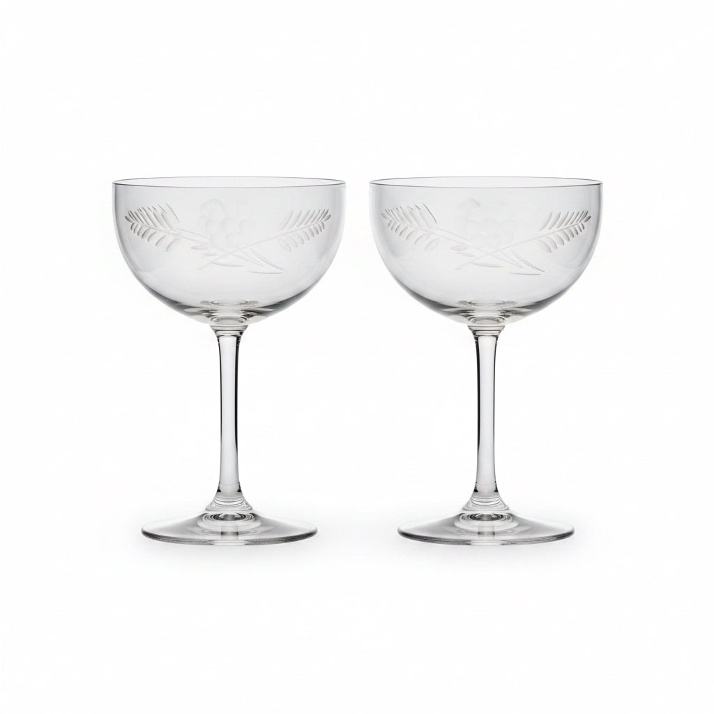 Vintage Princess House Heritage Etched Crystal Cocktail Coupe, Floral and Wheat Design, Pair of 2