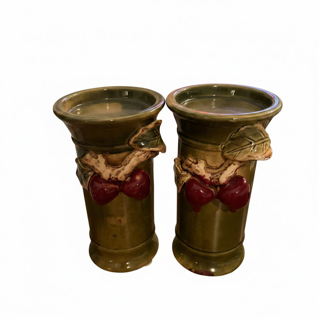Vintage Majolica Style Candle Holders, Cherry and Leaf Design, Set of 2