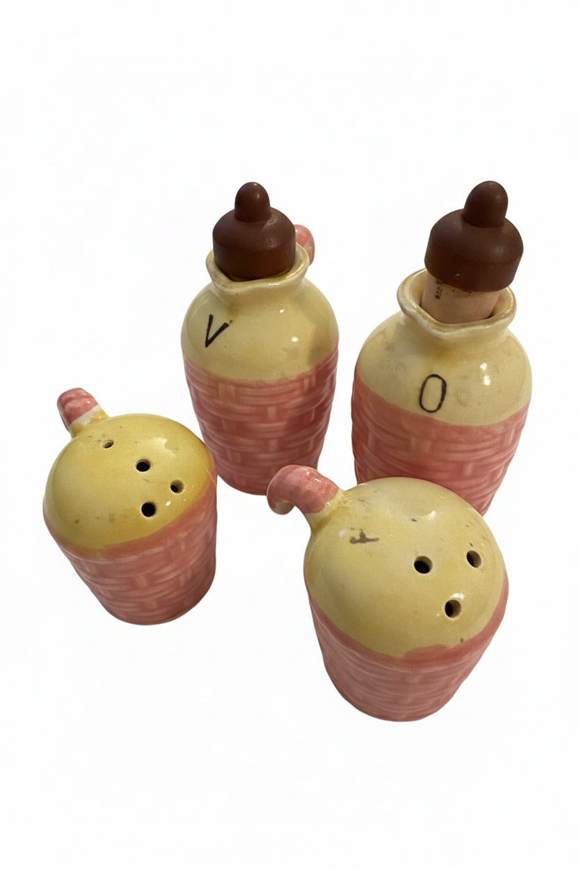 Vintage MCM Japan Ceramic Oil and Vinegar Cruet, and Shakers Set