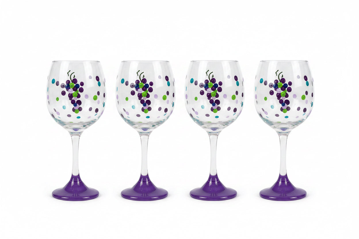 Hand-Painted Wine Glasses with Grape Design, Set of 4