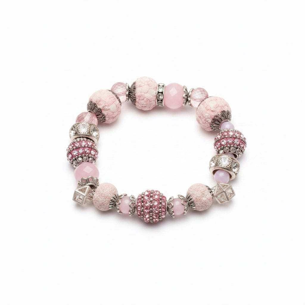 Vintage Pink Pandora Charm Style Crystal Bead Bracelet