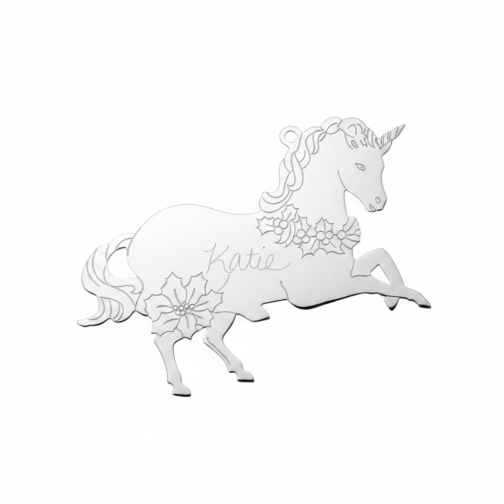 Vintage Etched Silver-tone Metal Unicorn Christmas Ornament with Custom Engraving