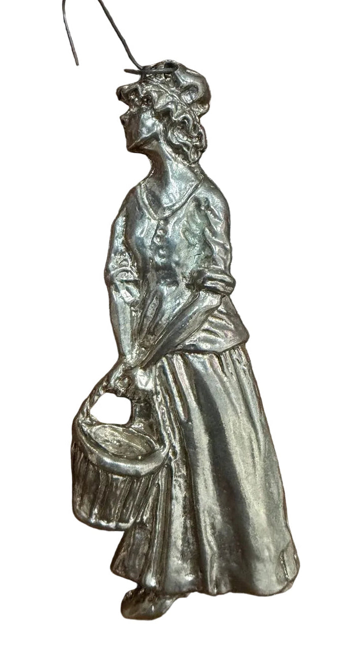Vintage Pewter Ornament, Woman with Basket