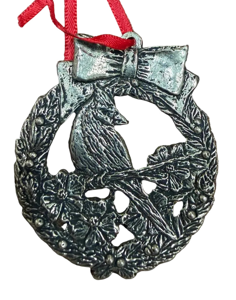 Vintage Pewter Christmas Ornament with Cardinal and Bow