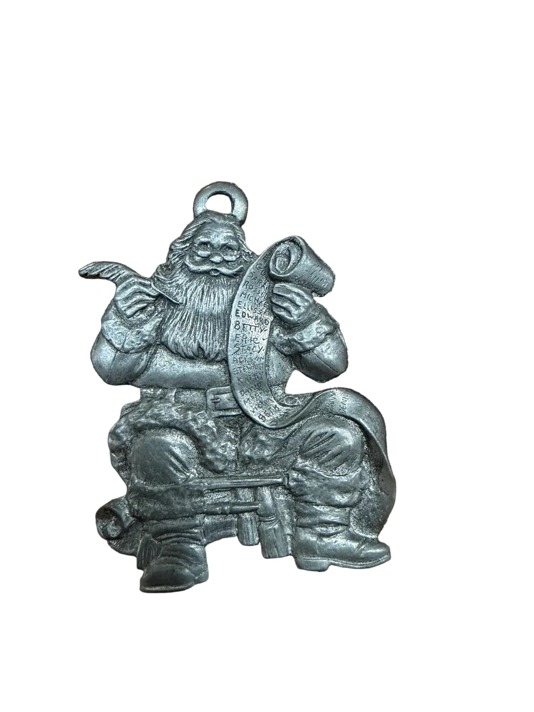Vintage Pewter Christmas Ornament Santa with List