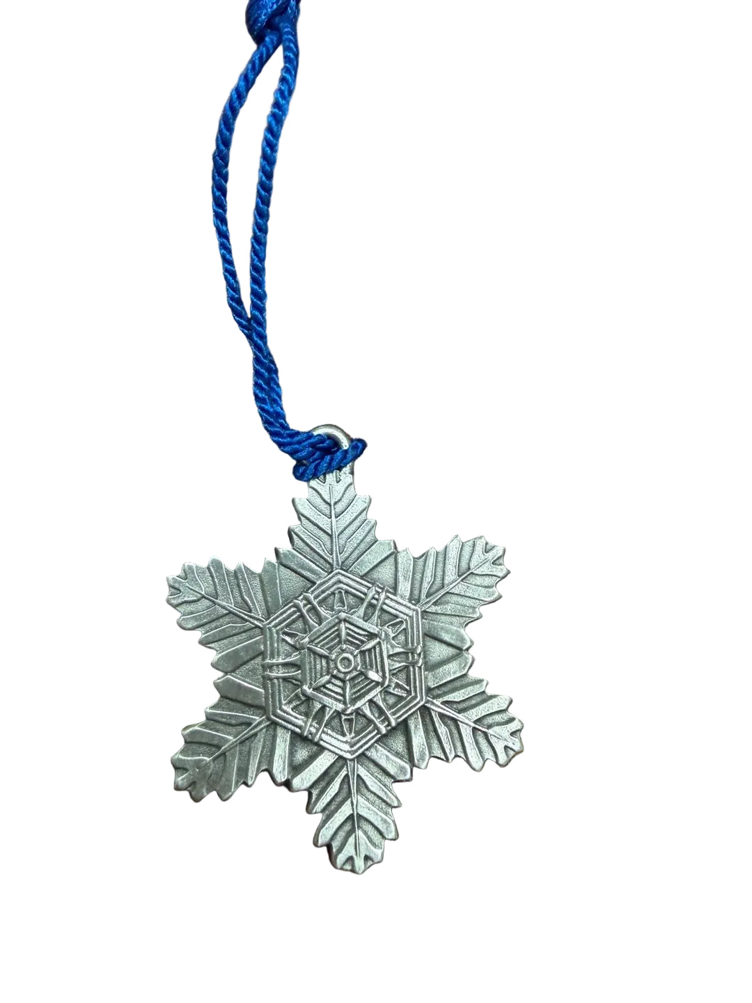 Vintage Pewter Snowflake Christmas Ornament with Blue Cord