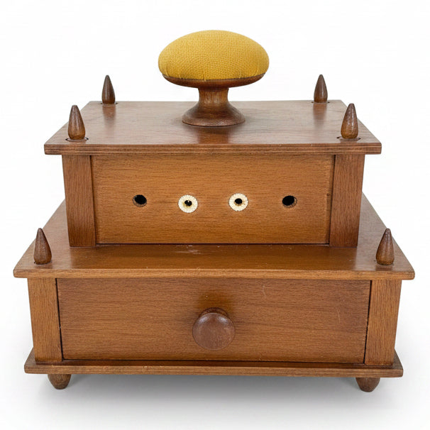 Antique 19th Century 3-Tier Shaker-Style Wooden Sewing Box & Spool Cabinet with Vintage Notions Lot - Estate Find