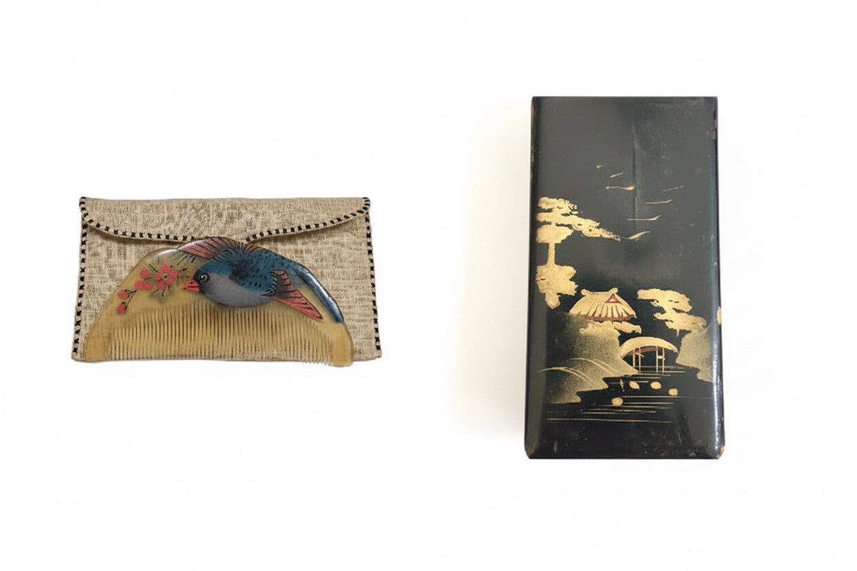 Rare Vintage Fuzhou Zou Zhen Ji White Buffalo Horn Comb Set Carved Relief Hand-Painted Bird with Matching Embroidered Pouch & Painted Gold Lacquer Box