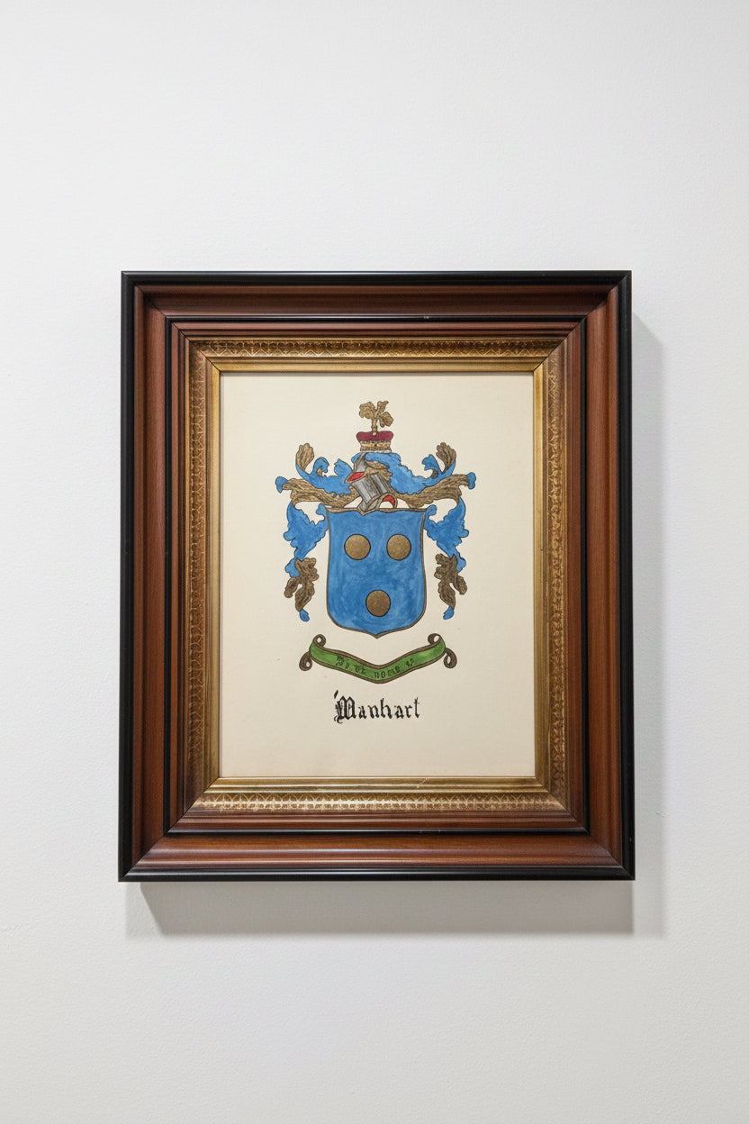 Vintage Large Ornate Gilt Frame with Manhart Heraldry, Watercolor Family Crest, By the Name of Manhart, J.B. Rietstap Design