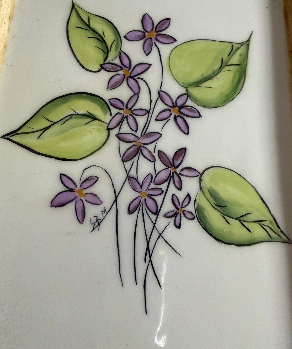 Vintage Hand Painted Ceramic Wall Plaque with Tile Botanical Art, Ceramic Frame, Signed SBM, Purple Violet, Viola Odorata
