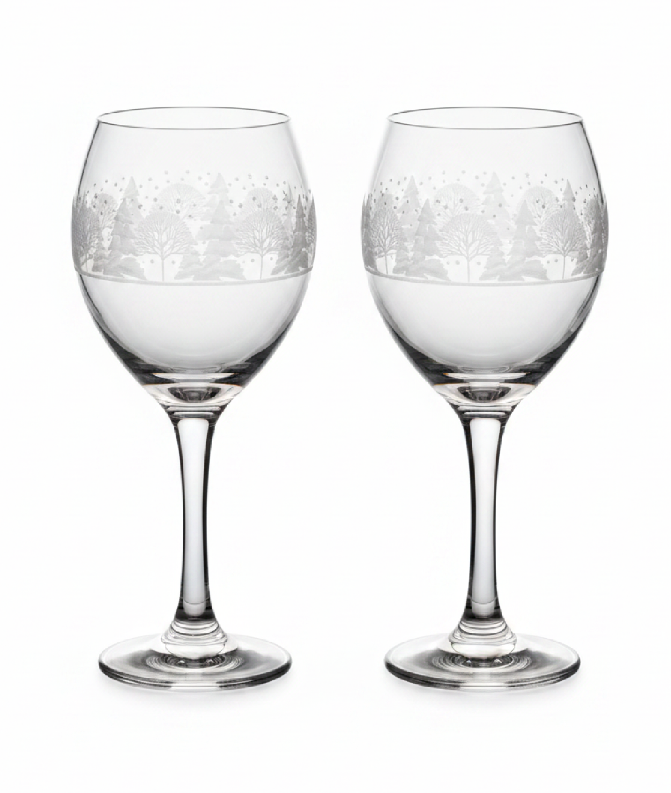 Vintage Libbey Glass for Arby’s 1980 Collectable “Winter Wonderland/ Pines” Etched Glass and 22k Gold-gilded Rim Wine Goblets, Pair of 2