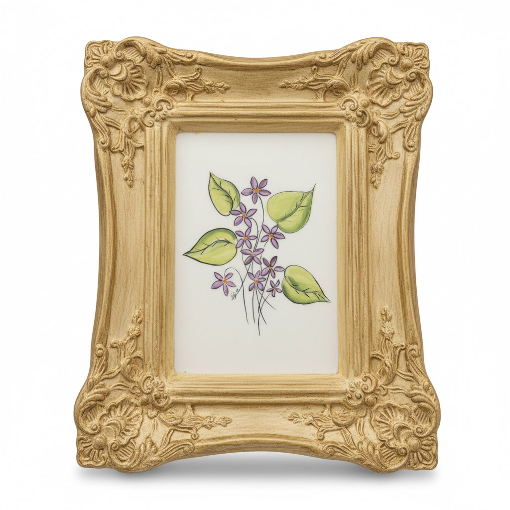 Vintage Hand Painted Ceramic Wall Plaque with Tile Botanical Art, Ceramic Frame, Signed SBM, Purple Violet, Viola Odorata