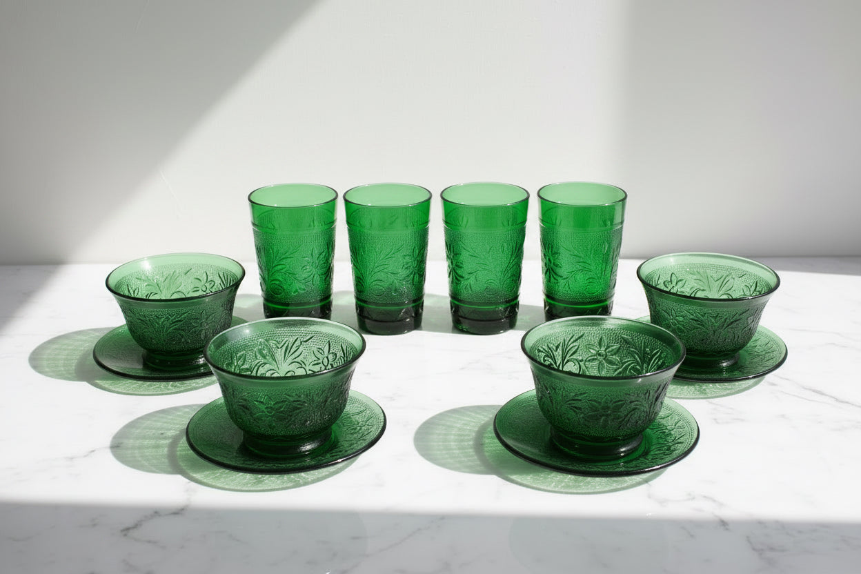 Vintage Anchor Hocking Forest Green Emerald Sandwich Glass, Bowl and Plate Set (4)