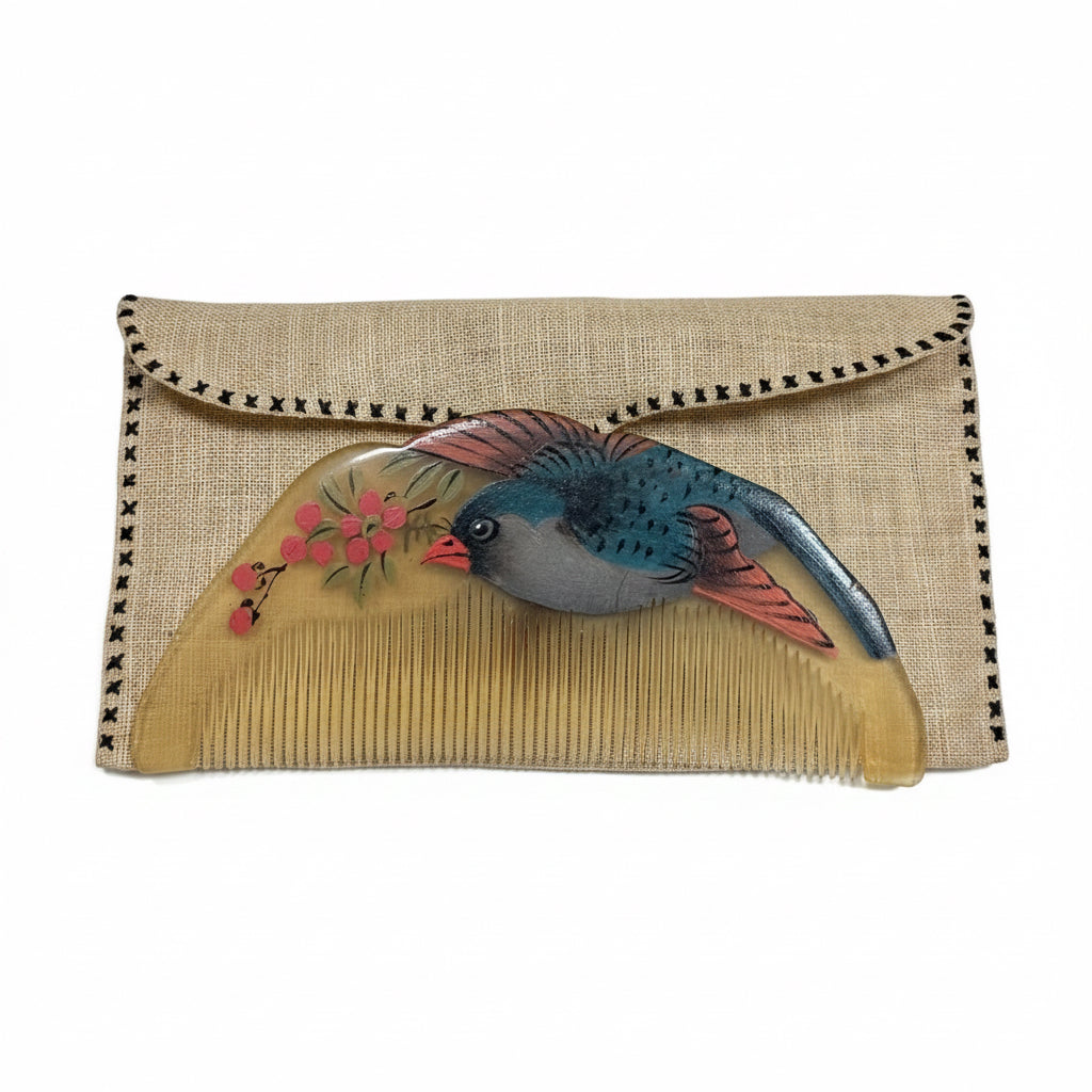 Rare Vintage Fuzhou Zou Zhen Ji White Buffalo Horn Comb Set Carved Relief Hand-Painted Bird with Matching Embroidered Pouch & Painted Gold Lacquer Box