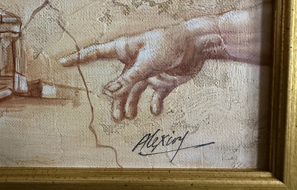 Vintage Alexioy Signed Framed Oil Painting on Canvas,  Michaelangelo 'Creation of Adam' and Parthenon