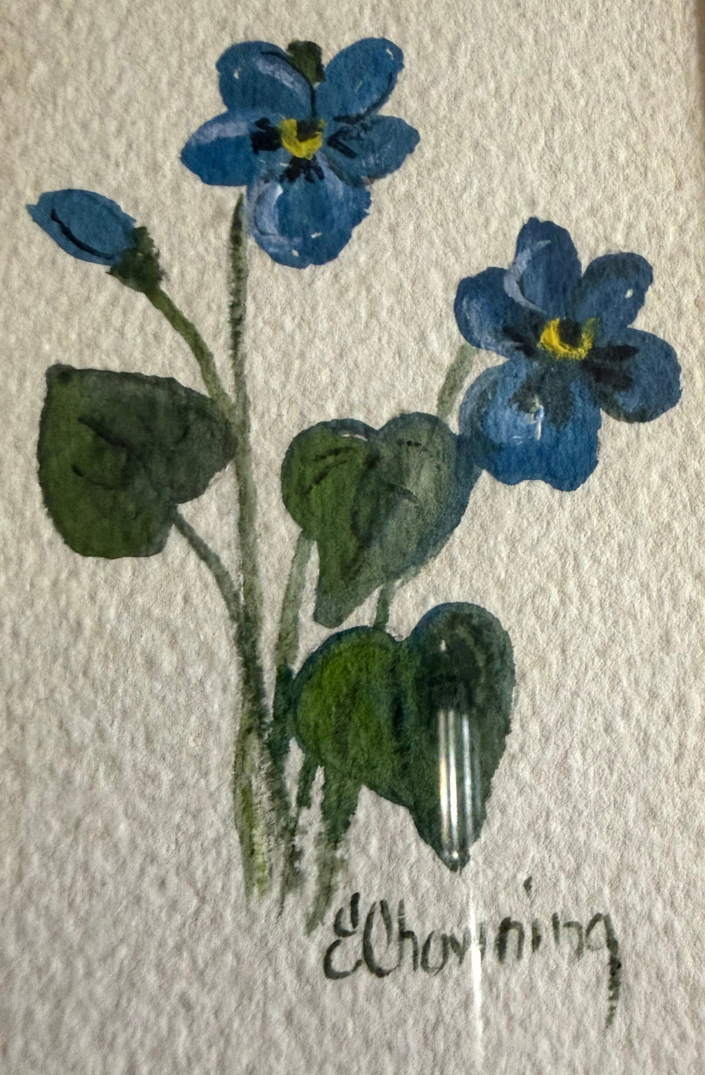 Vintage Emily Chowning Signed Water Color Painting, Vintage Bamboo Frame, Forget Me Nots, Botanical Blue Purple Flowers