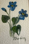 Vintage Emily Chowning Signed Water Color Painting, Vintage Bamboo Frame, Forget Me Nots, Botanical Blue Purple Flowers