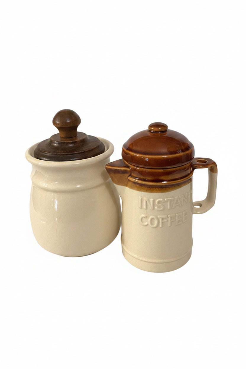 Vintage Kitchenware Set, Brown Drip Glaze, Sugar Creamer and Instant Coffee