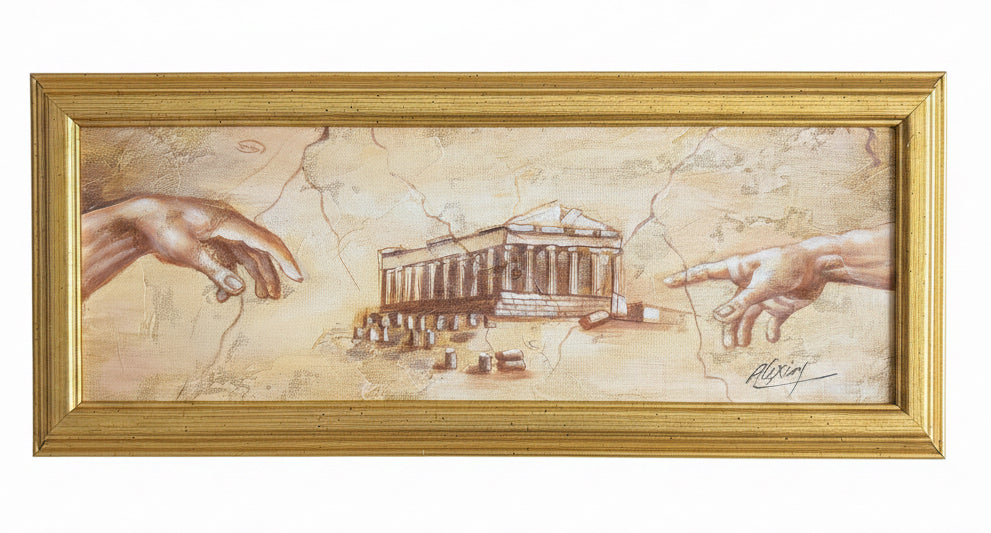 Vintage Alexioy Signed Framed Oil Painting on Canvas,  Michaelangelo 'Creation of Adam' and Parthenon