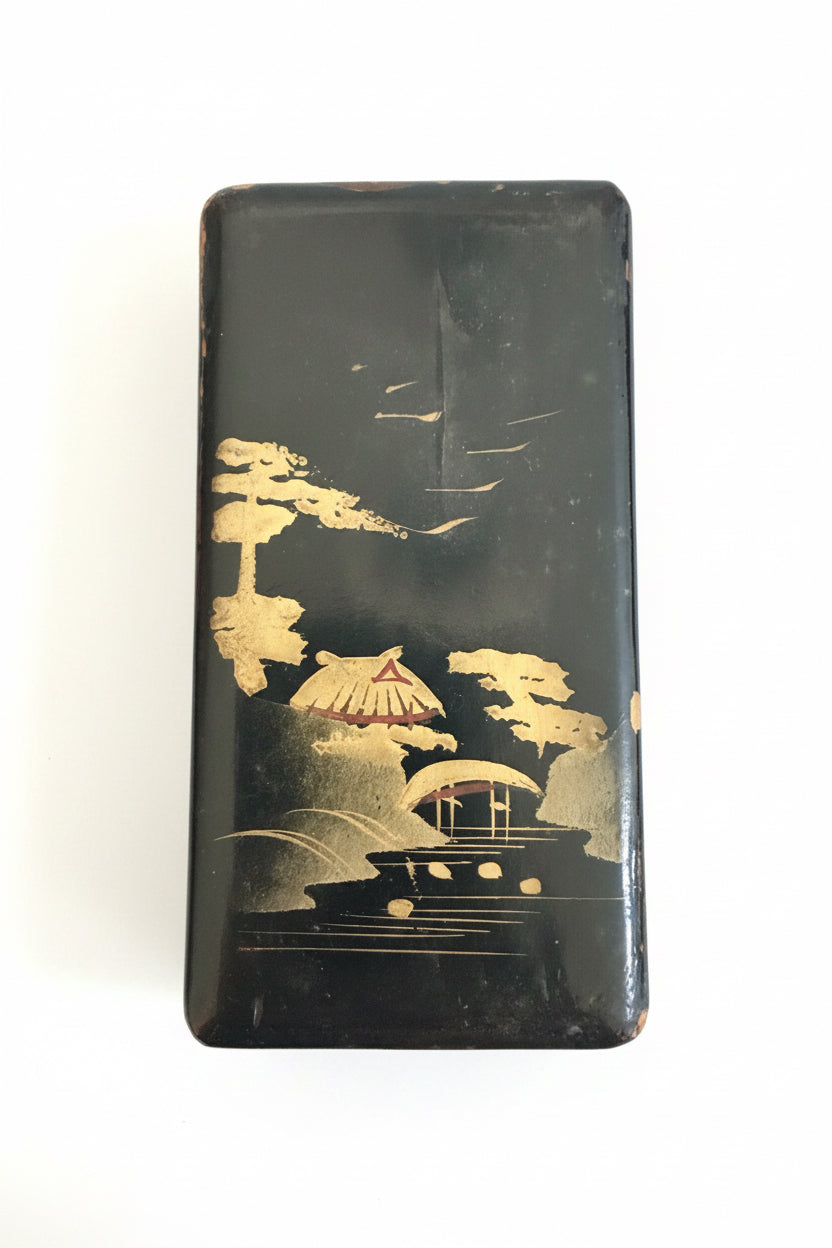 Rare Vintage Fuzhou Zou Zhen Ji White Buffalo Horn Comb Set Carved Relief Hand-Painted Bird with Matching Embroidered Pouch & Painted Gold Lacquer Box