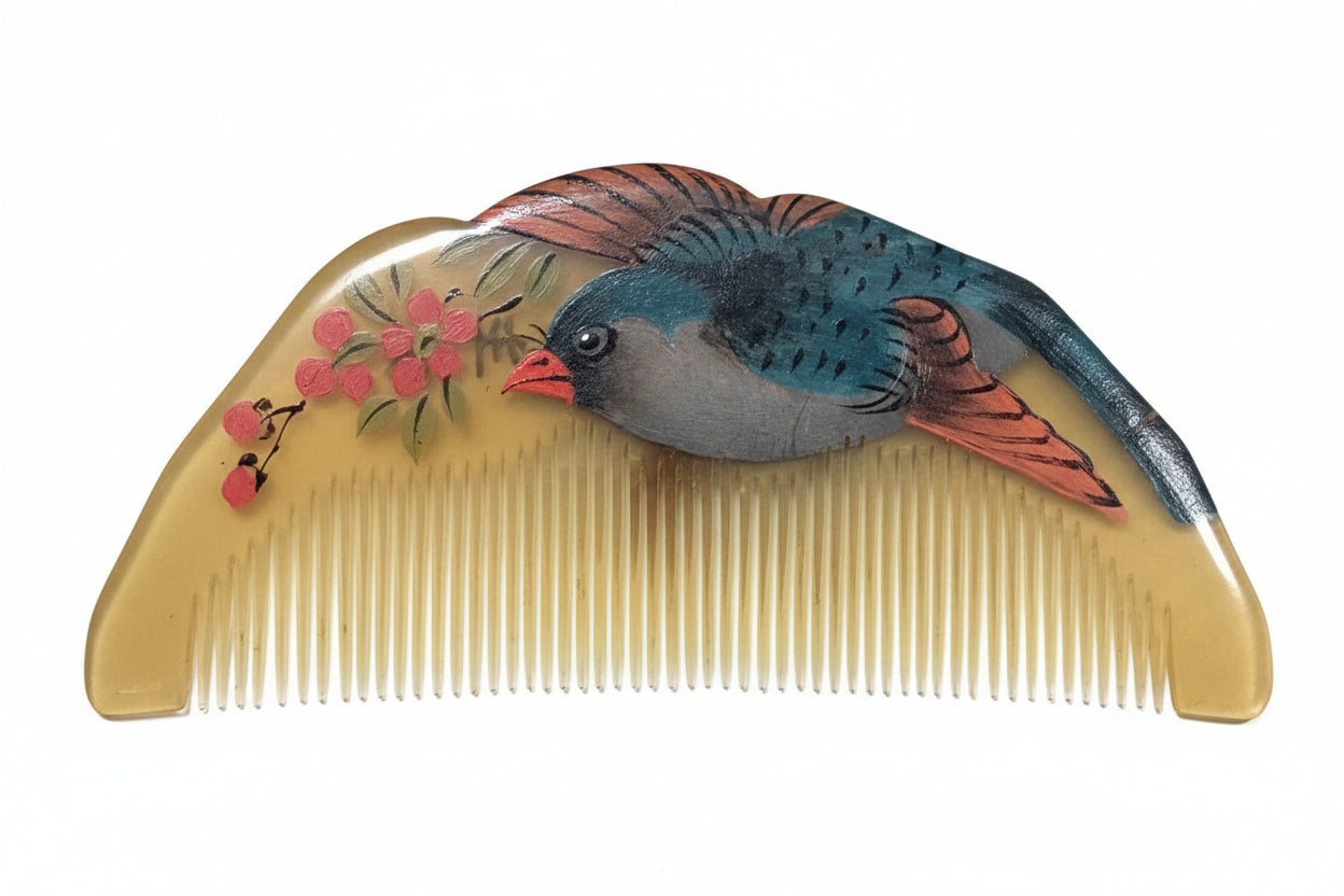 Rare Vintage Fuzhou Zou Zhen Ji White Buffalo Horn Comb Set Carved Relief Hand-Painted Bird with Matching Embroidered Pouch & Painted Gold Lacquer Box